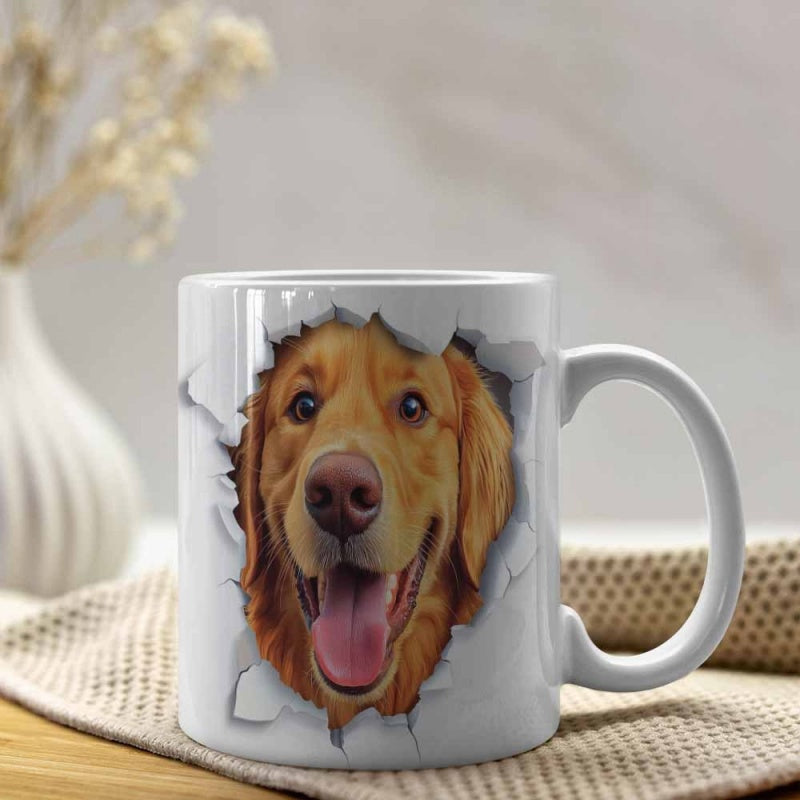 Tailorly White Ceramic 11 oz Mug - Realistic Smiling Golden Retriever Face Peeking Through Ripped Paper Design Dog