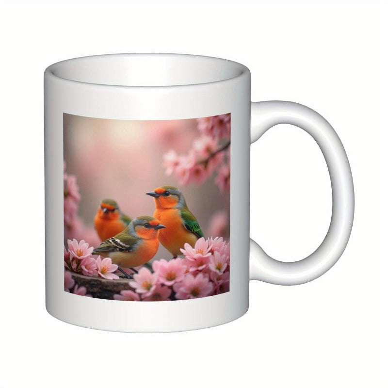 Tailorly White Ceramic 11 oz Mug - Three Colorful Robins Perched Among Delicate Blooming Pink Cherry Blossom Bird