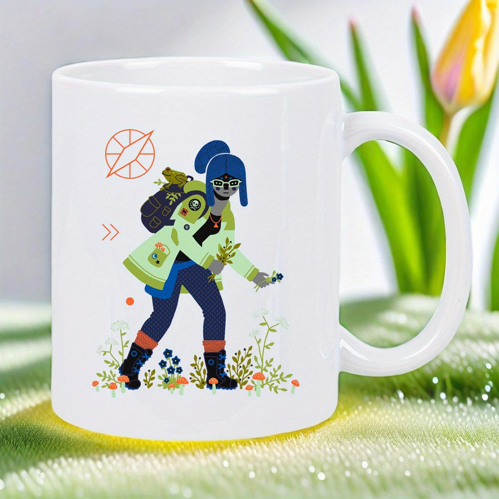 Tailorly White Ceramic 11 oz Mug - Stylized Character Wearing Green Jacket Walking Through Blooming Spring Floral Garden Hiker