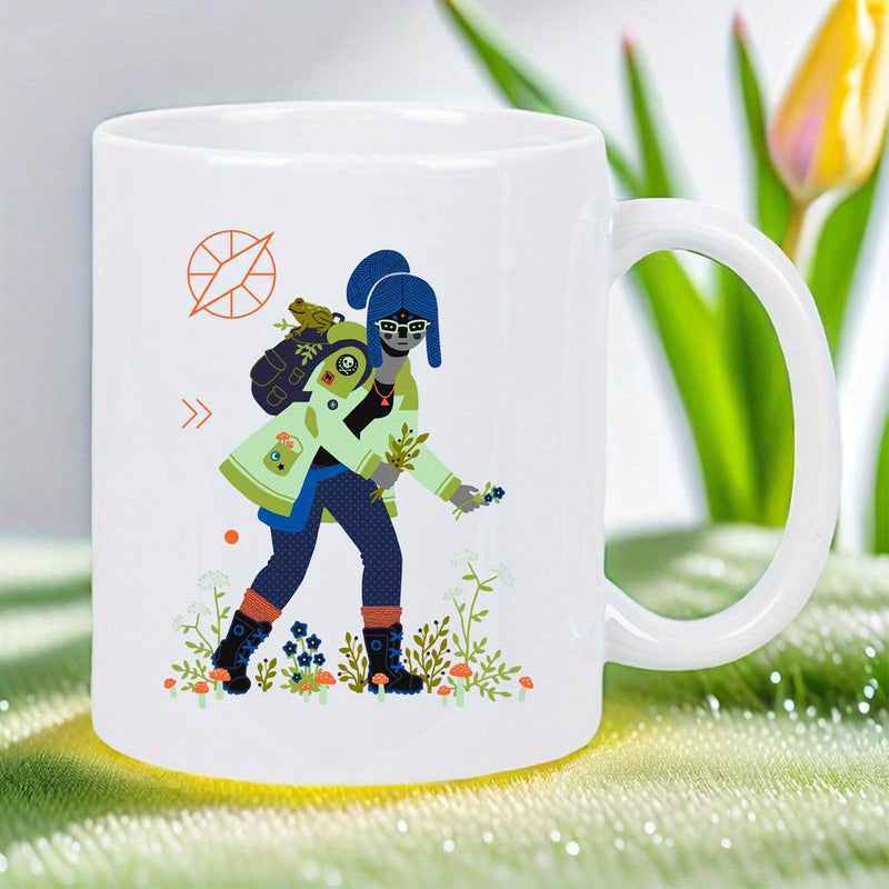 Tailorly White Ceramic 11 oz Mug - Stylized Character Wearing Green Jacket Walking Through Blooming Spring Floral Garden Hiker