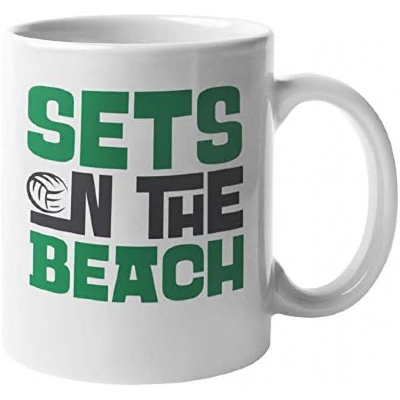 Tailorly White Ceramic 11 oz Mug - Sets On The Beach Bold Blocky Collegiate Style Text Featuring Classic Sporty Graphic Elements Volleyball