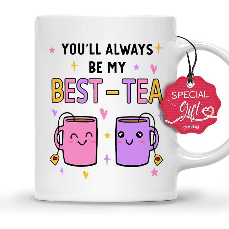 Tailorly White Ceramic 11 oz Mug - Youll Always Be My Best Tea Two Cute Cartoon Mugs With Happy Faces Among Stars And Hearts Mug