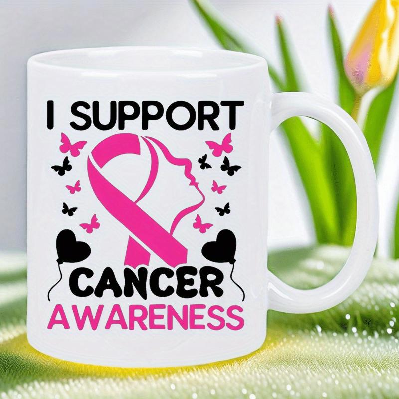Tailorly White Ceramic 11 oz Mug - I Support Cancer Awareness Delicate Butterflies Flying Around Elegant Profile Of Woman With Symbolic Ribbon
