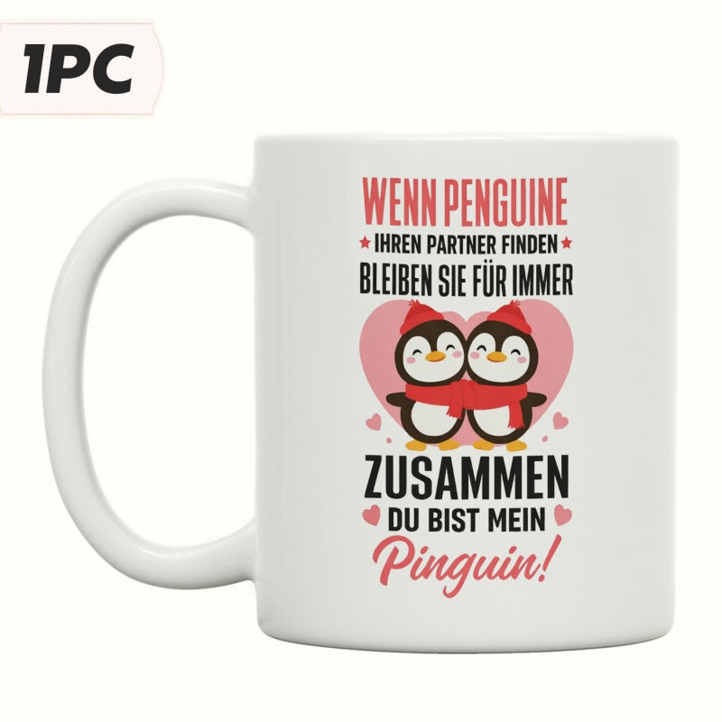 Tailorly White Ceramic 11 oz Mug - Two Adorable Cartoon Penguins Sharing A Scarf Within A Pink Heart Penguin