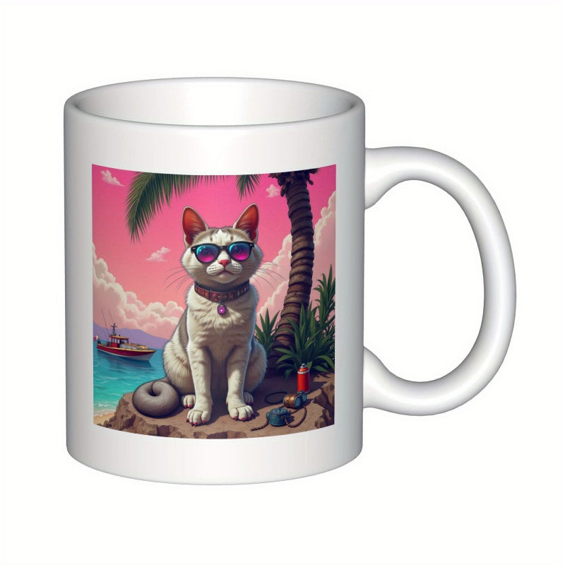 Tailorly White Ceramic 11 oz Mug - Cool White Cat Wearing Sunglasses Sitting On Tropical Beach Under Pink Sunset Cat