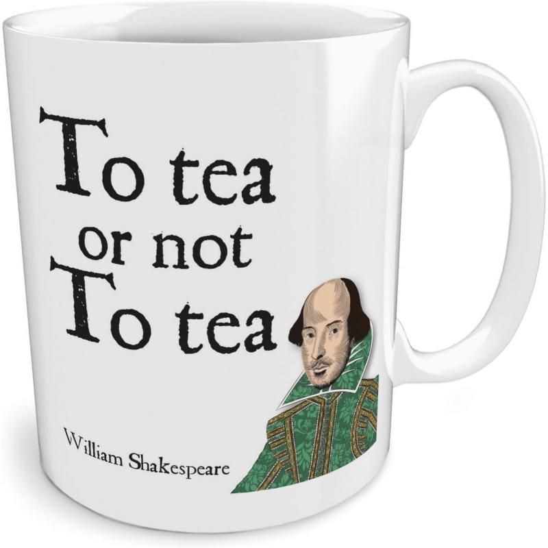 Tailorly White Ceramic 11 oz Mug - To Tea Or Not To Tea William Shakespeare Classic Literary Illustration Featuring Famous Author In Vintage Artistic Style