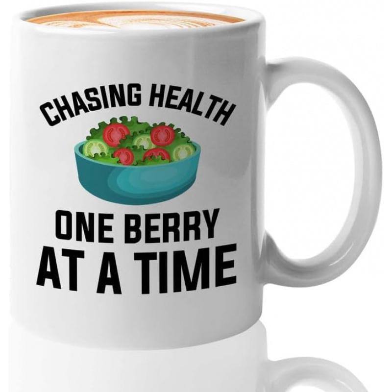 Tailorly White Ceramic 11 oz Mug - Chasing Health One Berry At A Time Fresh Green Salad With Red Berries In A Teal Soup Bowl