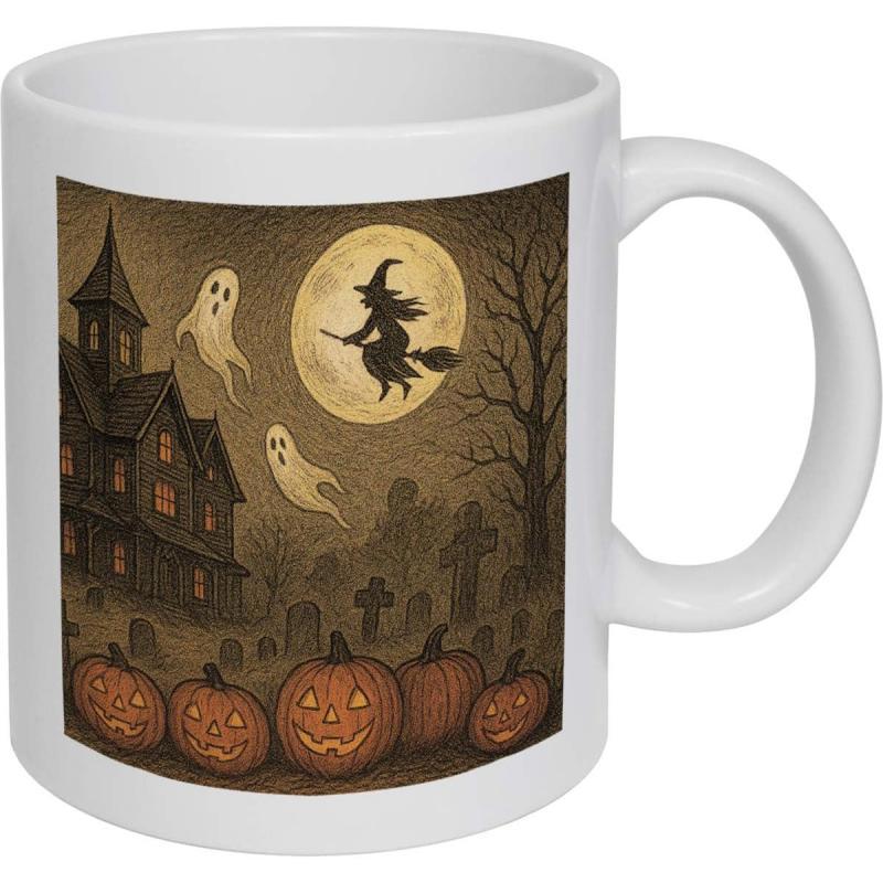 Tailorly White Ceramic 11 oz Mug - Spooky Haunted House Under Full Moon With Flying Witch And Glowing Pumpkin