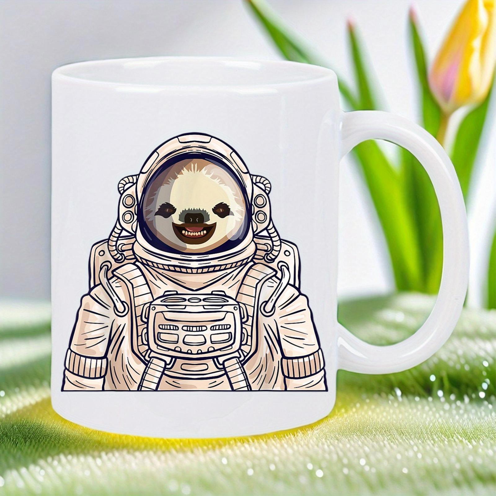 Tailorly White Ceramic 11 oz Mug - Cute Smiling Sloth Wearing Detailed Space Suit Exploring The Vast Galaxy Sloth