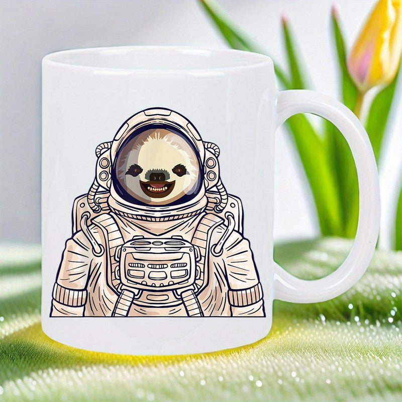 Tailorly White Ceramic 11 oz Mug - Cute Smiling Sloth Wearing Detailed Space Suit Exploring The Vast Galaxy Sloth