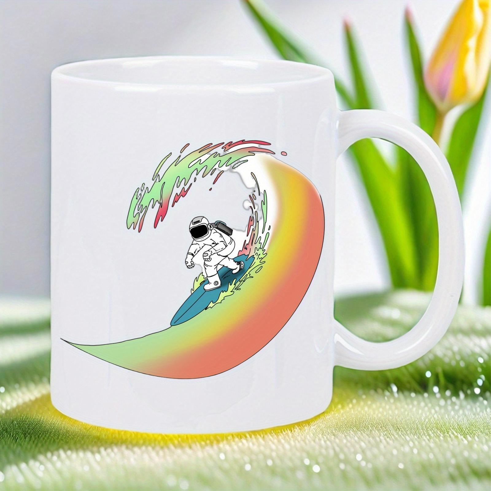 Tailorly White Ceramic 11 oz Mug - Surfing Through A Colorful Rainbow Wave In Deep Space Cosmic Adventure Astronaut
