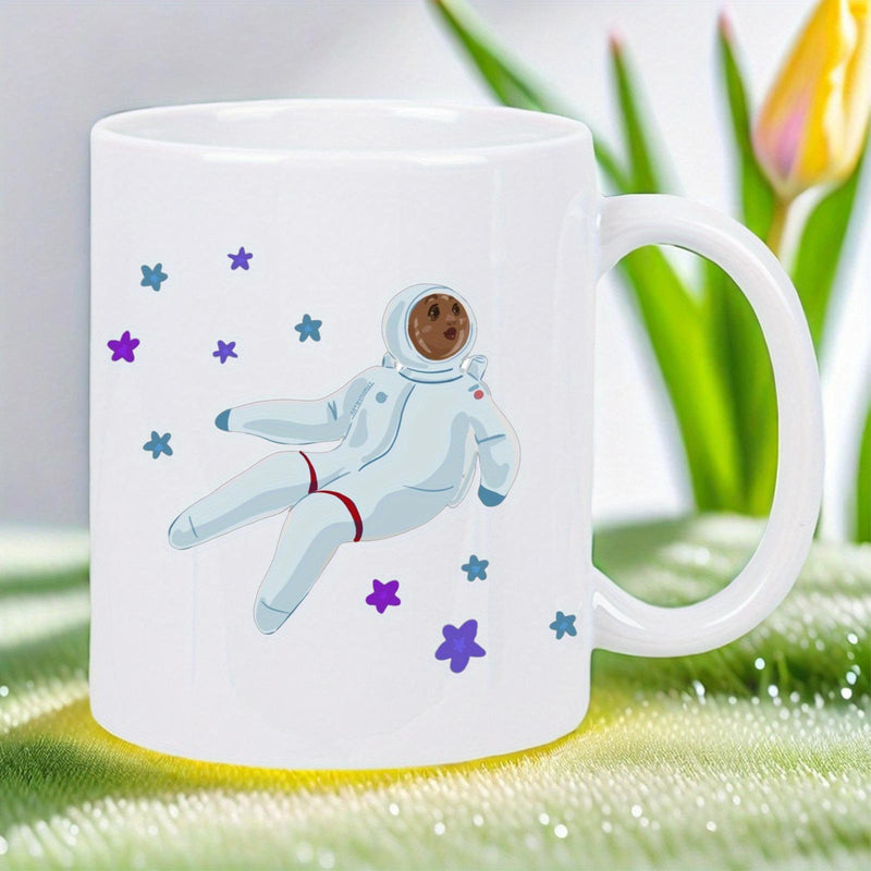 Tailorly White Ceramic 11 oz Mug - Cute Cartoon Astronaut Floating In The Deep Vast Galaxy Among Colorful Stars Astronaut