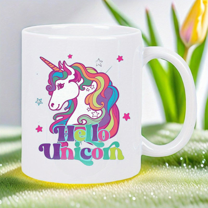 Tailorly White Ceramic 11 oz Mug - Hello Unicorn Majestic White Mythical Creature With Vibrant Rainbow Mane And Twinkling Stars Unicorn