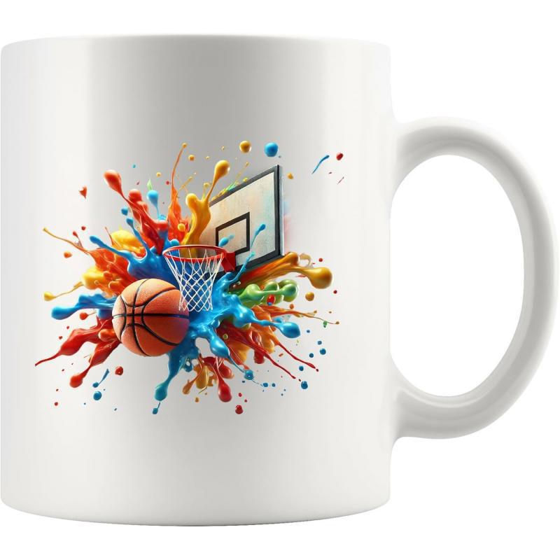 Tailorly White Ceramic 11 oz Mug - Vibrant Multicolored Paint Splashes Bursting Around A Dynamic Sports Hoops Basketball