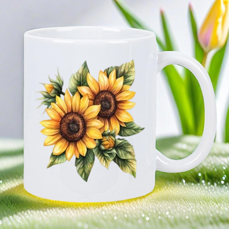 Tailorly White Ceramic 11 oz Mug - Vibrant Golden Sunflowers Featuring Lush Green Leaves Under Gentle Warm Sunlight Sunflower