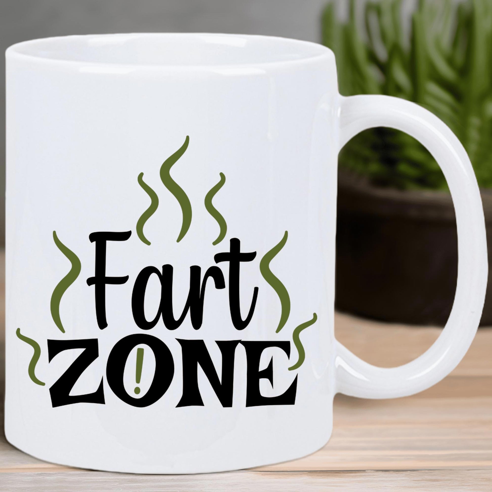 Tailorly White Ceramic 11 oz Mug - Fart Zone Wavy Green Smoke Lines Surrounding Bold Black Humorous Text Mug