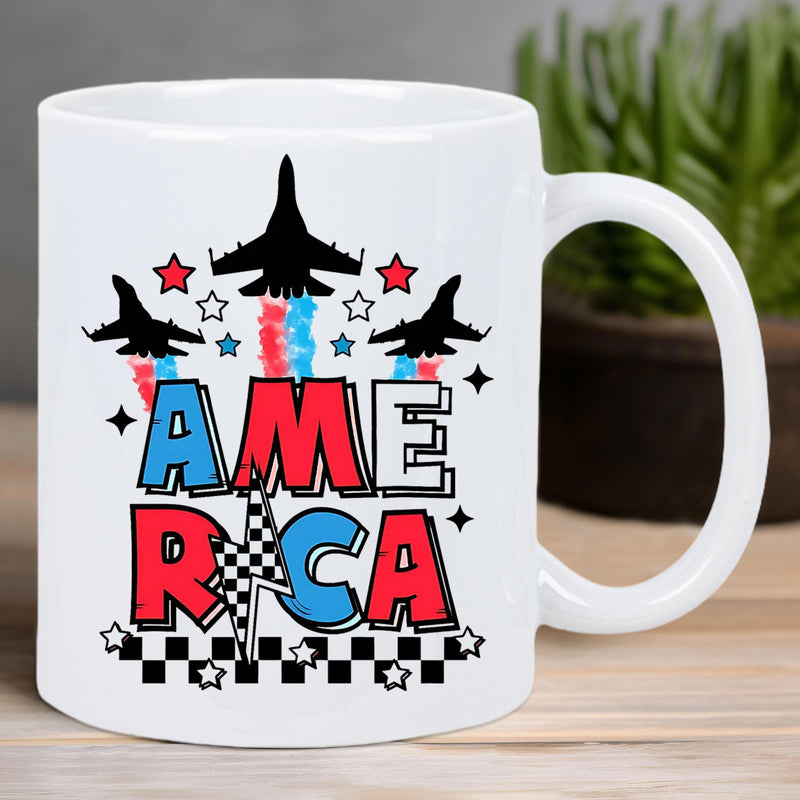 Tailorly White Ceramic 11 oz Mug - America Fighter Jets Flying With Red And Blue Smoke Trails Amidst Stars Aircraft