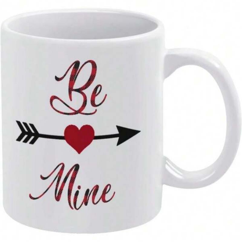 Tailorly White Ceramic 11 oz Mug - Be Mine Red Plaid Cursive Lettering With A Heart Pierced By An Arrow Mug