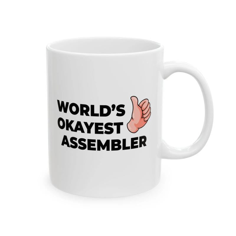 Tailorly White Ceramic 11 oz Mug - Worlds Okayest Assembler Minimalist Cartoon Hand Giving A Positive Thumbs Up Gesture Hand