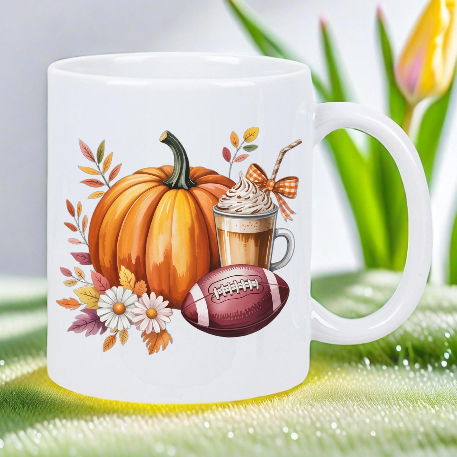 Tailorly White Ceramic 11 oz Mug - Cozy Autumn Scene Featuring Football And Latte Near A Large Vibrant Pumpkin
