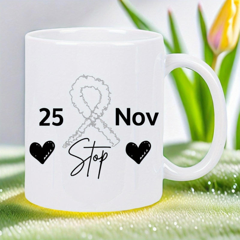 Tailorly White Ceramic 11 oz Mug - 25 Nov Stop Symbolic Awareness Design With Dual Black Minimalist Hearts Ribbon