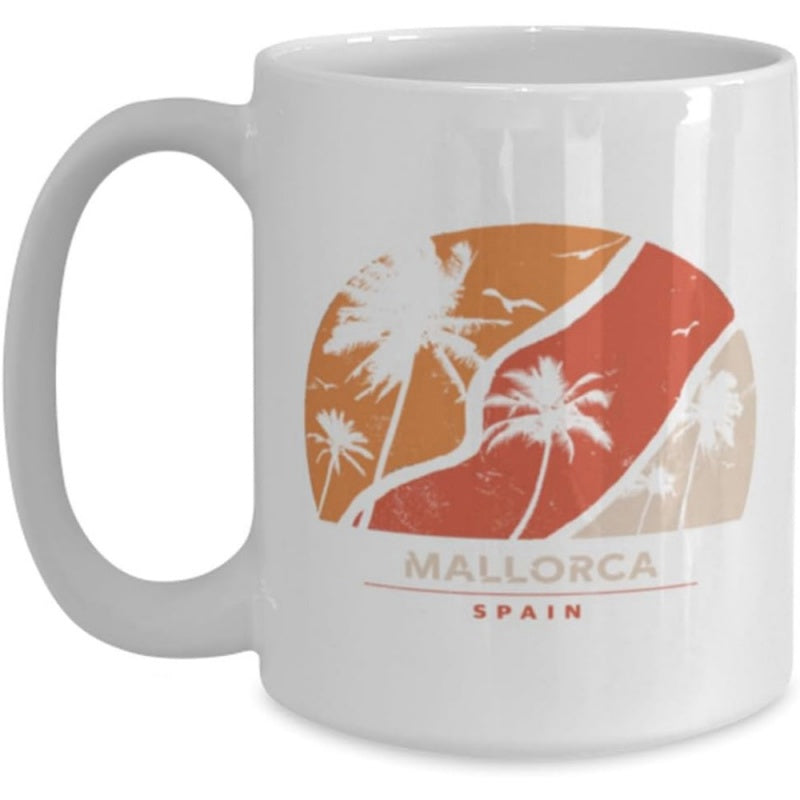 Tailorly White Ceramic 11 oz Mug - Mallorca Spain Vintage Tropical Scenery With Palm Trees Under A Glowing Sky Sunset