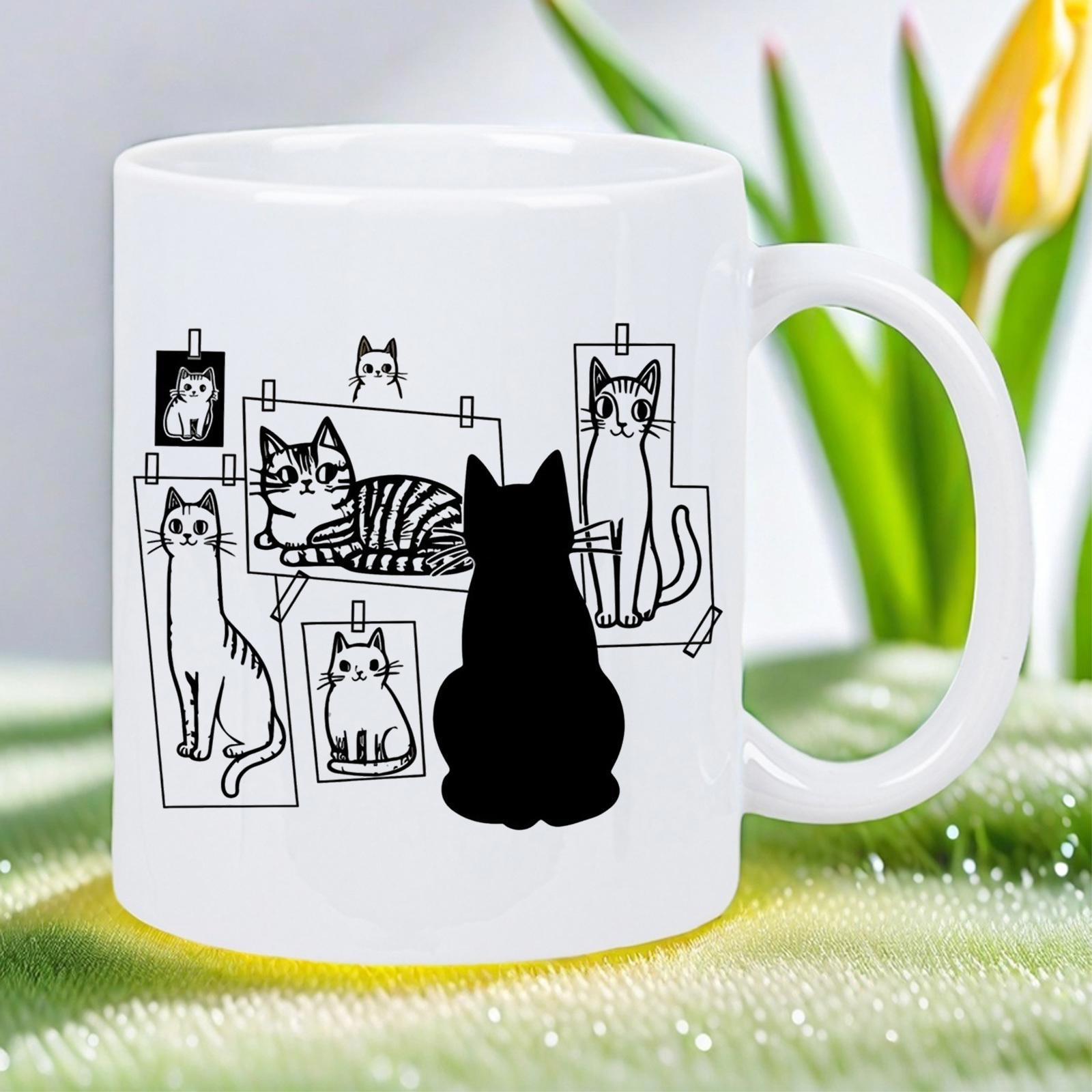 Tailorly White Ceramic 11 oz Mug - Hand Drawn Artistic Sketches Of Felines Pinned On A Wall Cat