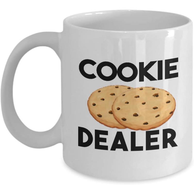 Tailorly White Ceramic 11 oz Mug - Cookie Dealer Delicious Golden Brown Chocolate Chip Snacks Resting On Surface Cookie
