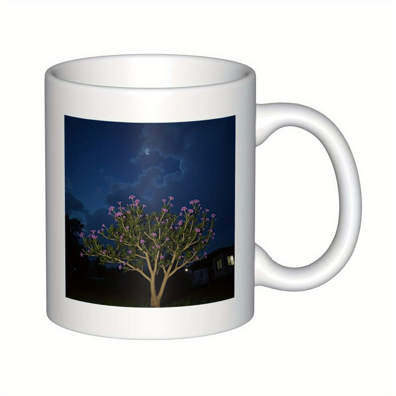 Tailorly White Ceramic 11 oz Mug - Blooming Pink Flowers Standing Against Dark Night Sky And Moonlight Clouds Tree