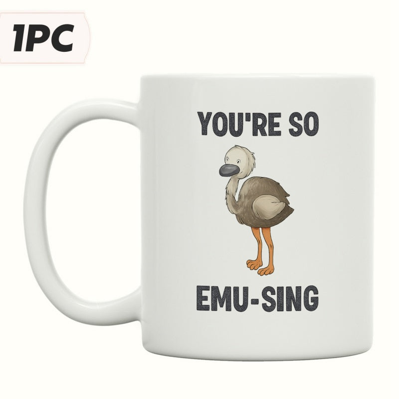 Tailorly White Ceramic 11 oz Mug - Youre So Emusing Cute Hand Drawn Bird With Long Legs And Brown Feathers Emu