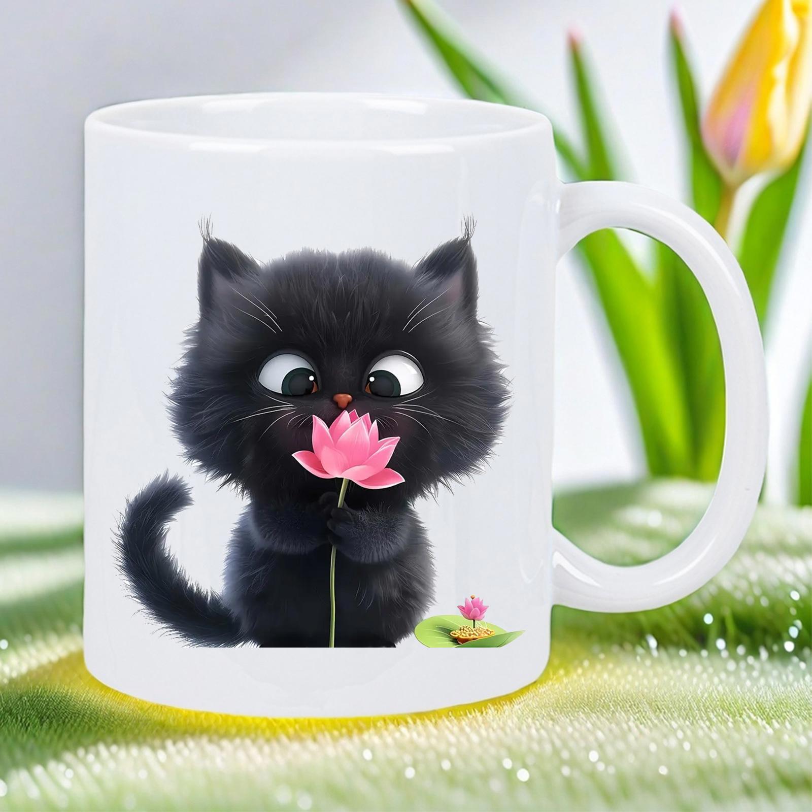 Tailorly White Ceramic 11 oz Mug - Adorable Fluffy Black Kitten Smelling A Delicate Pink Lotus Flower Petals Cat