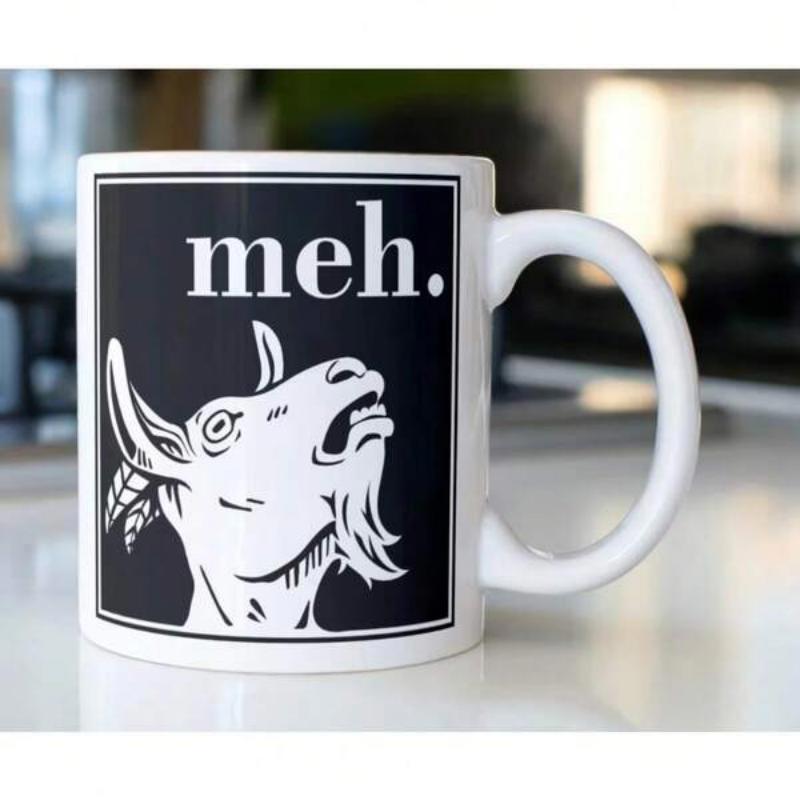 Tailorly White Ceramic 11 oz Mug - Meh Funny Screaming Goat Illustration Set Within A Minimalist Black Square Frame Goat
