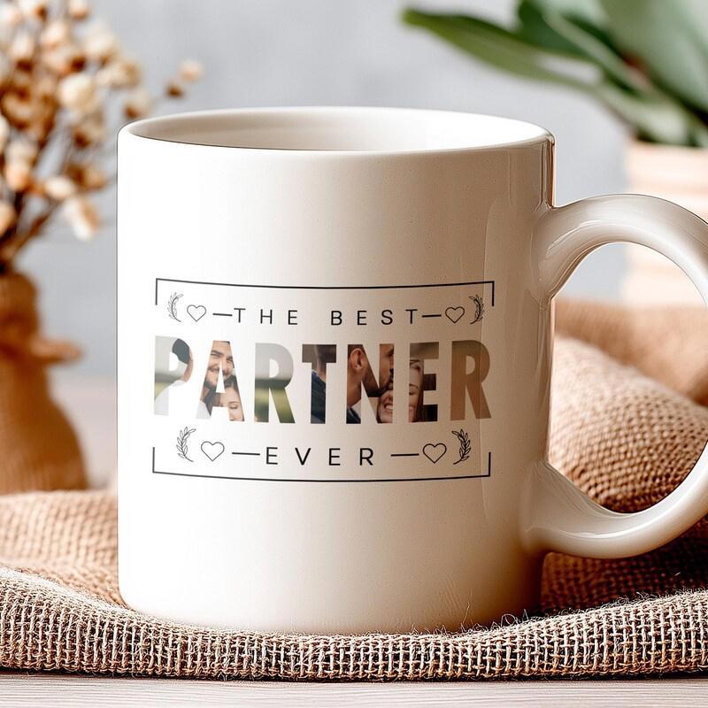 Tailorly White Ceramic 11 oz Mug - The Best Partner Ever Classic Ceramic Coffee Cup With Rectangular Border And Decorative Heart Icons Mug