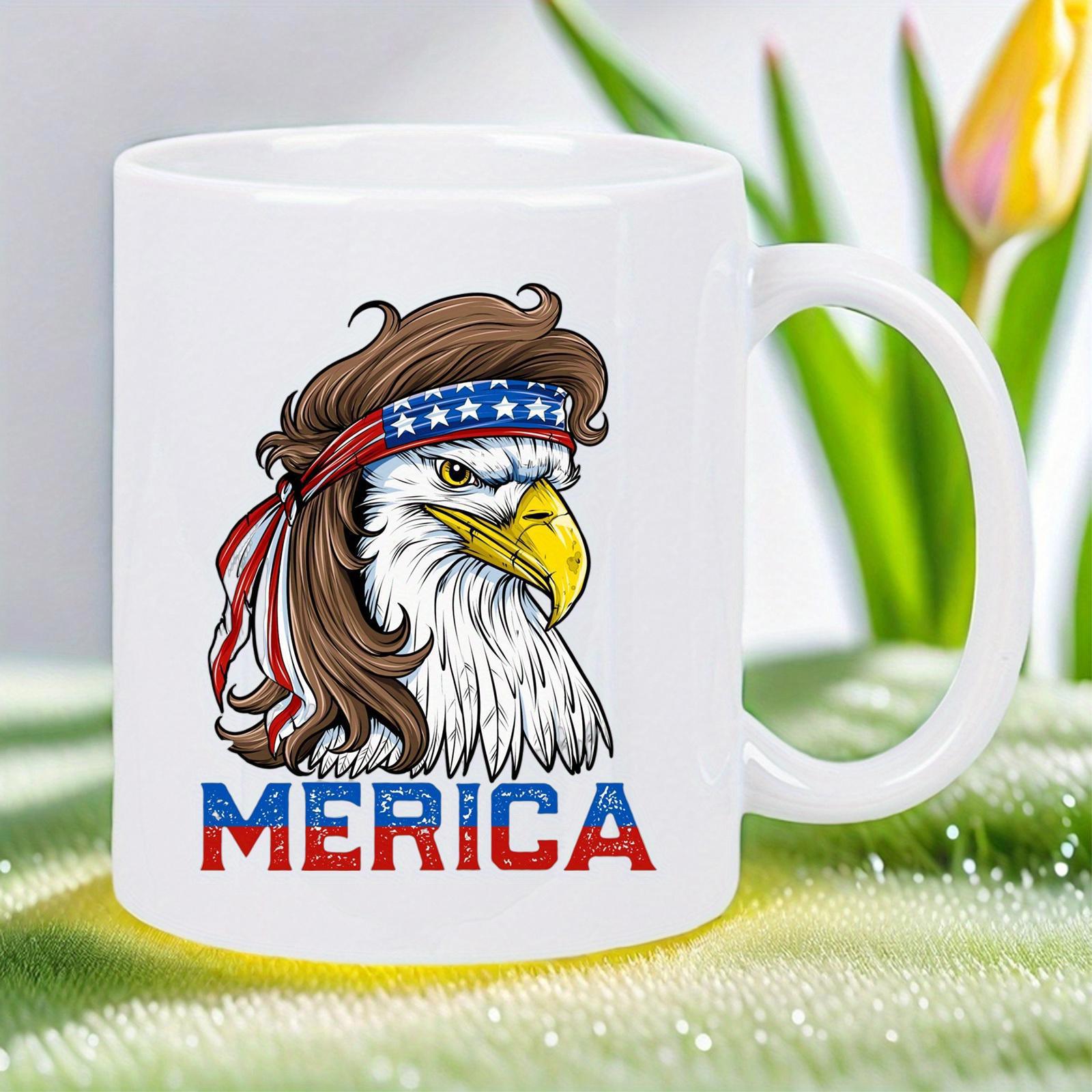 Tailorly White Ceramic 11 oz Mug - Merica Patriotic American Eagle Wearing Mullet Hair And Star Spangled Banner Headband Eagle