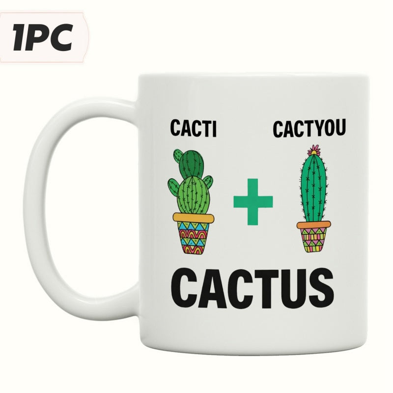 Tailorly White Ceramic 11 oz Mug - Cacti Cactyou Cactus Two Vibrant Green Potted Cacti With Artistic Geometric Patterns And Symbolic Plus Sign Cactus