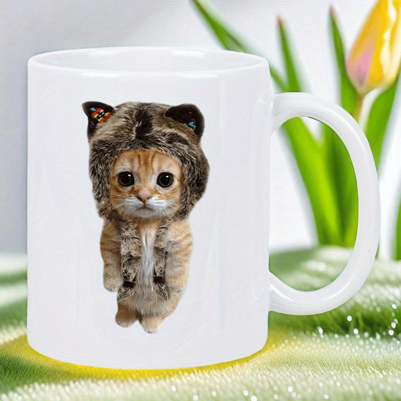 Tailorly White Ceramic 11 oz Mug - Adorable Tiny Ginger Kitten Wearing Furry Bear Hood Standing Kitten
