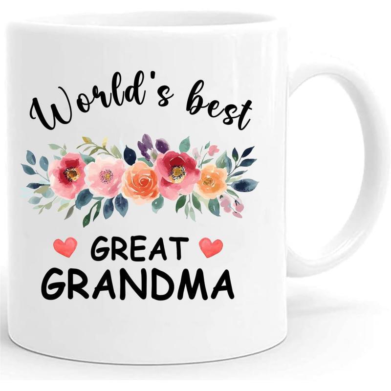 Tailorly White Ceramic 11 oz Mug - Worlds Best Great Grandma Vibrant Watercolor Flowers With Blooming Roses And Tender Red Hearts Mug