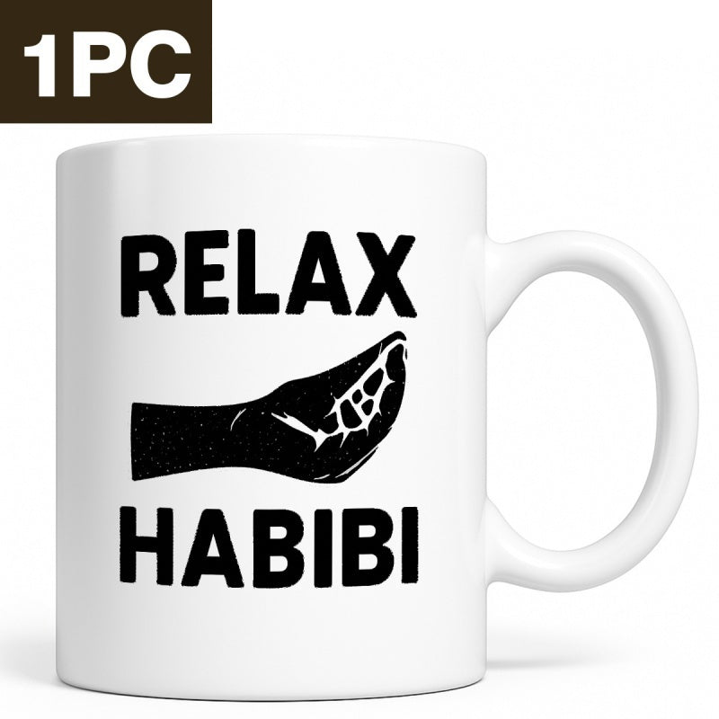 Tailorly White Ceramic 11 oz Mug - Relax Habibi Bold Black Typography With A Minimalist Pinched Fingers Gesture Sign