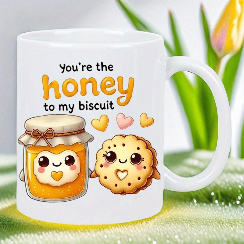 Tailorly White Ceramic 11 oz Mug - You're The Honey To My Biscuit Sweet Kawaii Cartoon Honey Jar And Round Biscuit Character Under Floating Hearts Biscuit