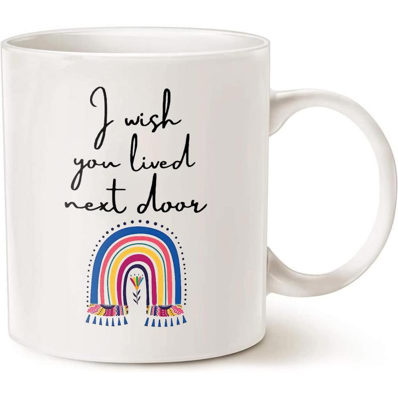 Tailorly White Ceramic 11 oz Mug - I Wish You Lived Next Door Colorful Hand Drawn Bohemian Rainbow With Decorative Dots And Floral Center Mug