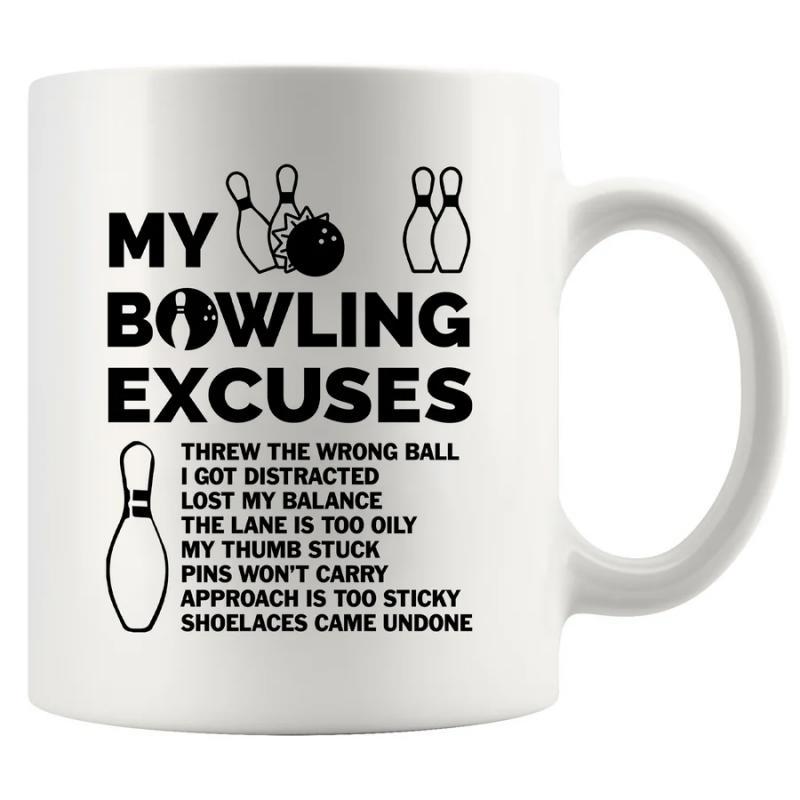 Tailorly White Ceramic 11 oz Mug - My Bowling Excuses Minimalist Black Ink Bowling Pins Standing Together Near A Heavy Round Ball Pin