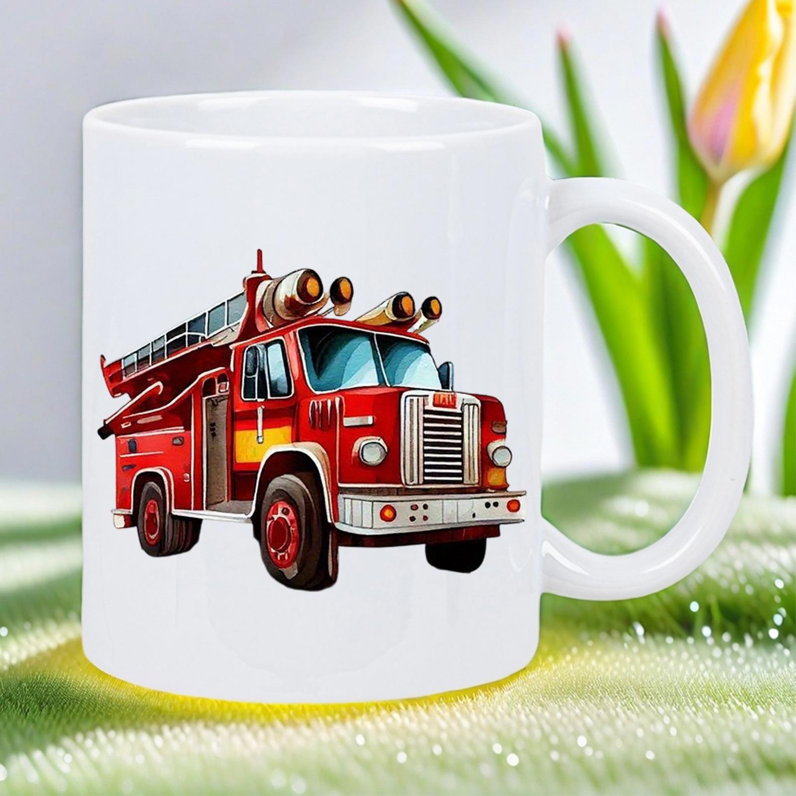 Tailorly White Ceramic 11 oz Mug - Vintage Red Engine Featuring A Chrome Ladder And Bright Siren Lights Truck