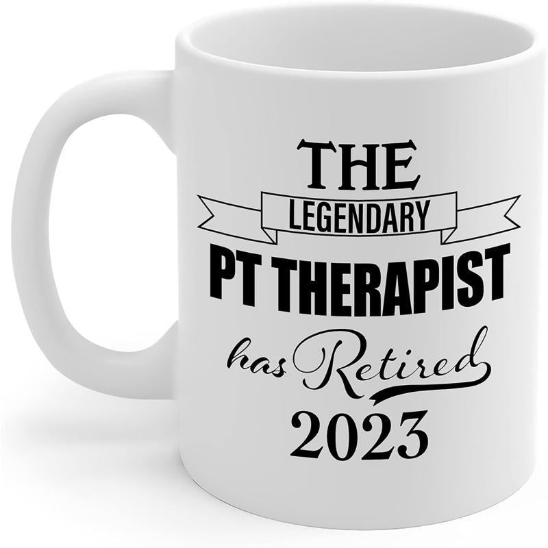 Tailorly White Ceramic 11 oz Mug - The Legendary Pt Therapist Has Retired 2023 Classic White Ceramic Background With Elegant Black Typography And Decorative Banner