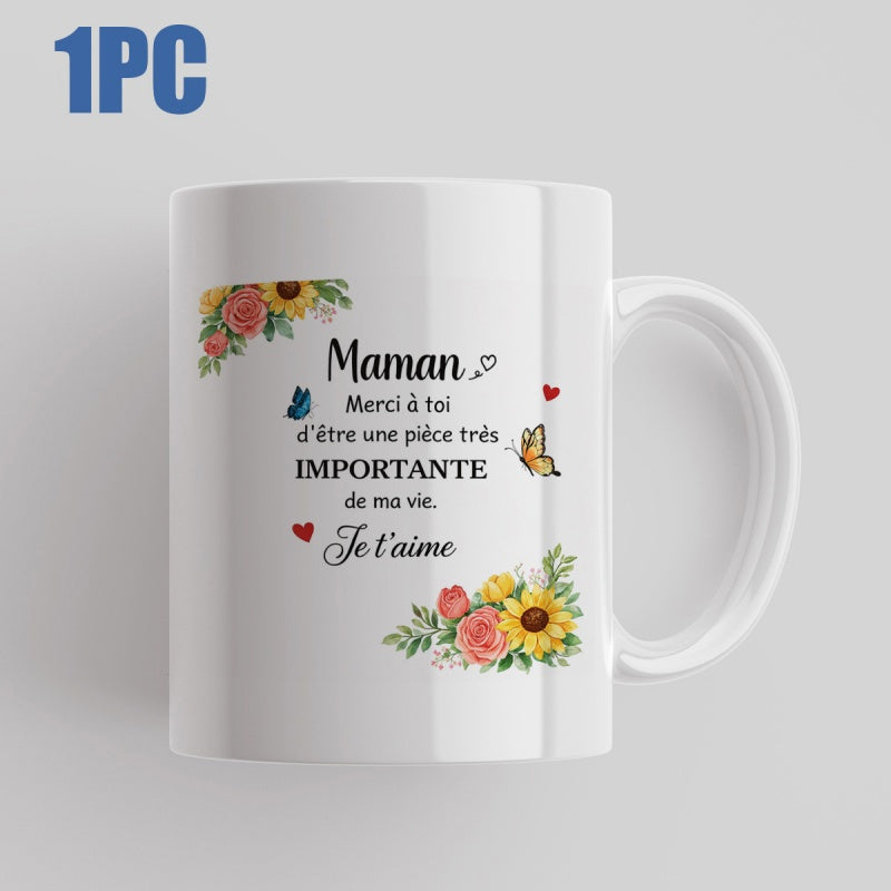 Tailorly White Ceramic 11 oz Mug - Vibrant Blooming Sunflowers Among Delicate Pink Roses With Small Dancing Hearts Flower