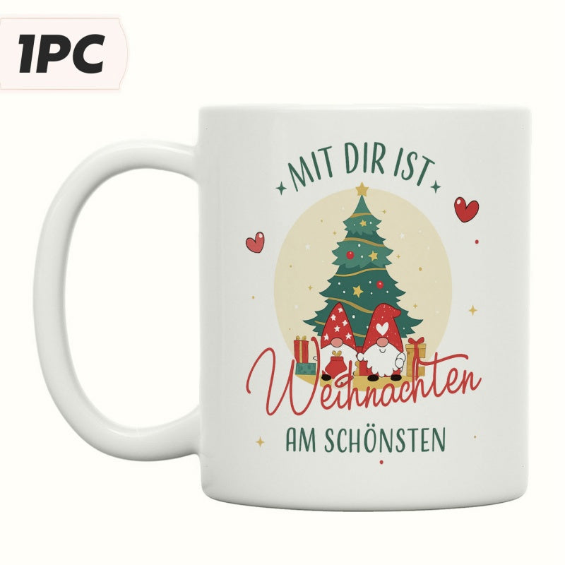 Tailorly White Ceramic 11 oz Mug - Festive Evergreen Pines With Presents And Hearts Surrounding Small Christmas Gnomes