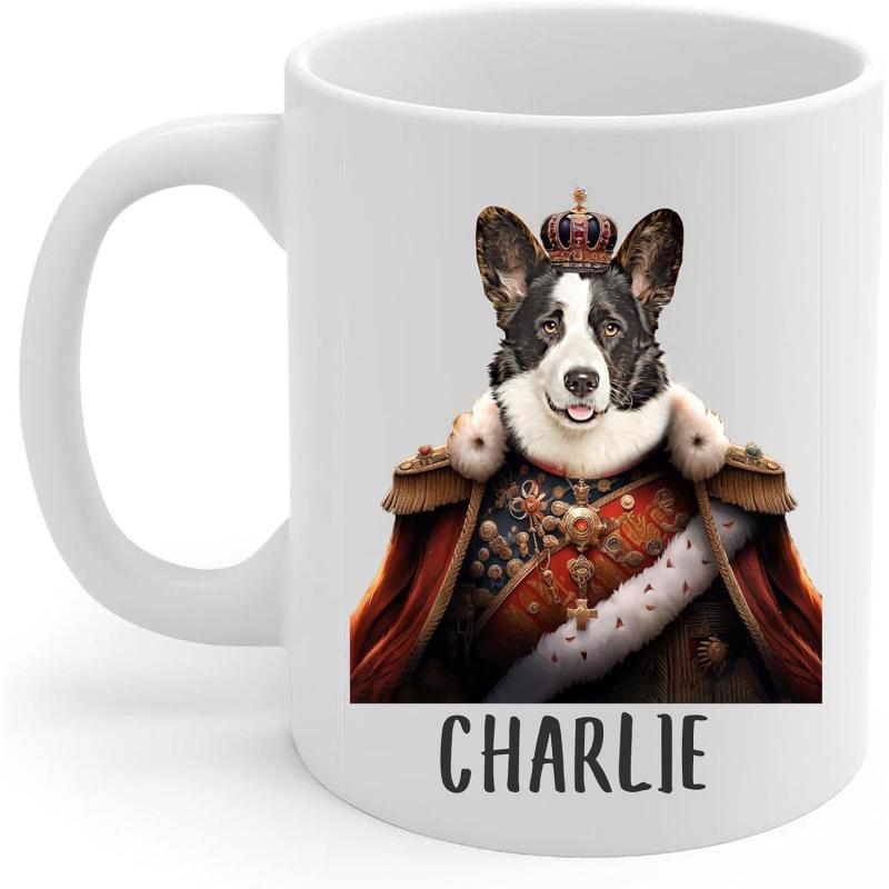 Tailorly White Ceramic 11 oz Mug - Charlie Majestic Wearing Ornate Royal Crown And Elegant Red Velvet Cape Corgi