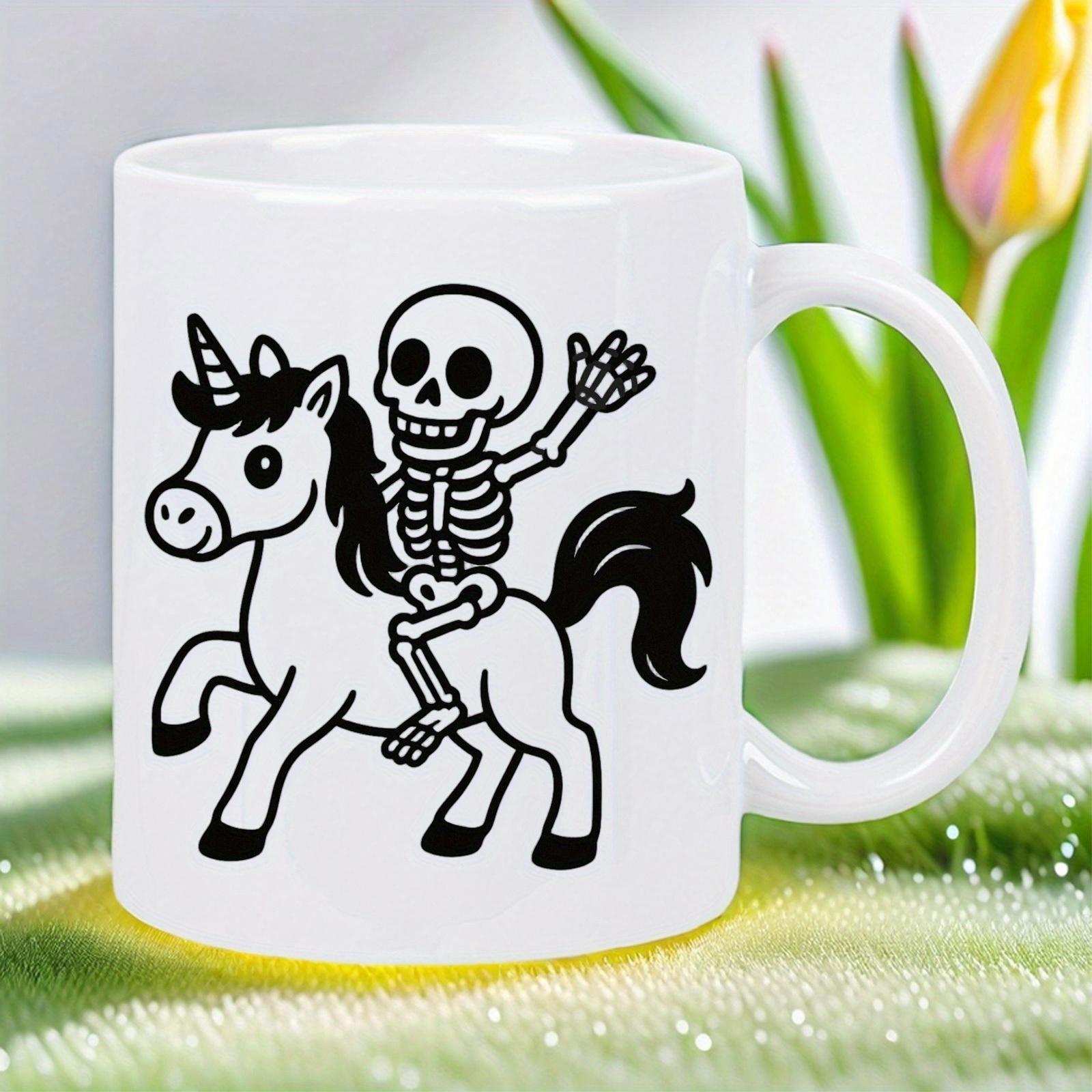 Tailorly White Ceramic 11 oz Mug - Playful Skeleton Waving Hand While Riding A Majestic Mythical Creature Unicorn