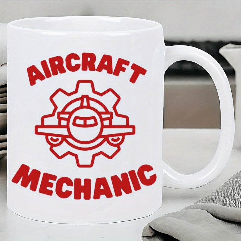 Tailorly White Ceramic 11 oz Mug - Aircraft Mechanic Industrial Red Gear With Front View Flying Machine Aircraft