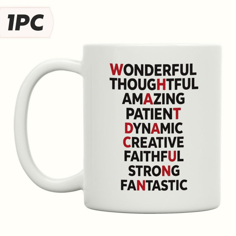 Tailorly White Ceramic 11 oz Mug - Wonderful Thoughtful Amazing Patient Dynamic Creative Faithful Strong Fantastic What A Dad Minimalist Vertical Typography
