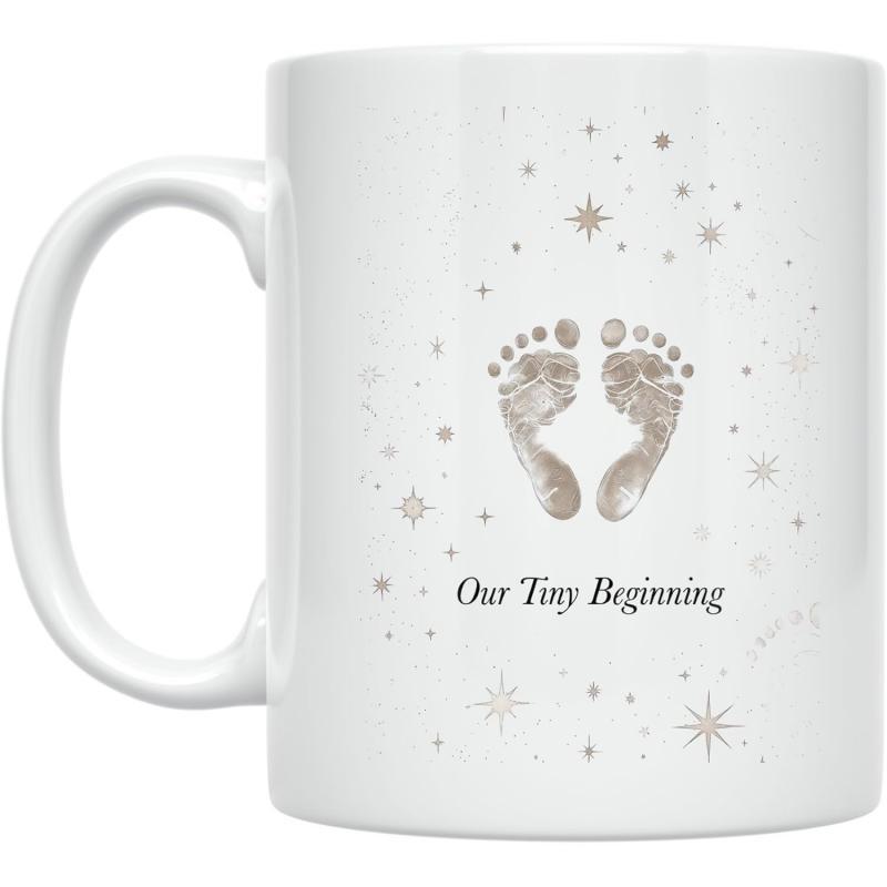Tailorly White Ceramic 11 oz Mug - Our Tiny Beginning Delicate Little Baby Feet Sparkling With Magical Glittering Stars Footprints